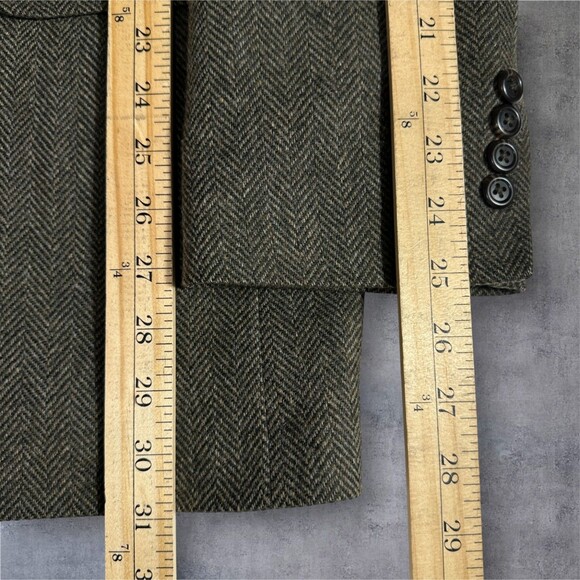 Vintage LANDS END TWEED WOOL Mens Blazer 40L Sport Coat Jacket Green Herringbone - Picture 10 of 14
